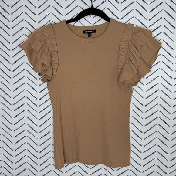 Express Ruffle Short Sleeve Fine Rib Tee Blouse Tan Camel - Small - Picture 2 of 6
